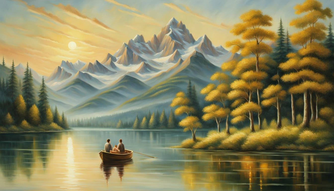 Romantic Couple on Lake in Classic Oil Painting