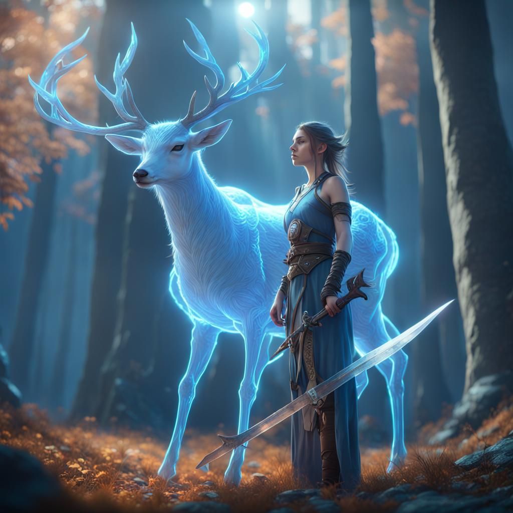 Epic Fantasy Maiden Stands Beside Glowing Deer Spirit