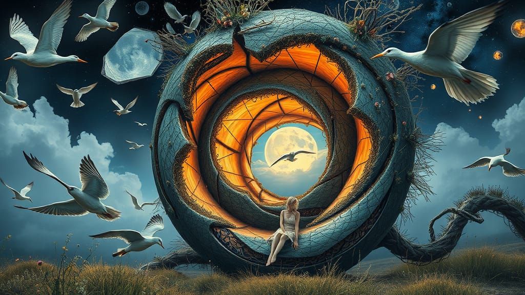 Surreal Sculpture with Mythological Creatures and Birds