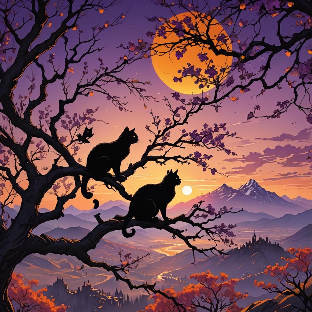 Ethereal Black Feline Form on Misty Mountain Branch, Against...