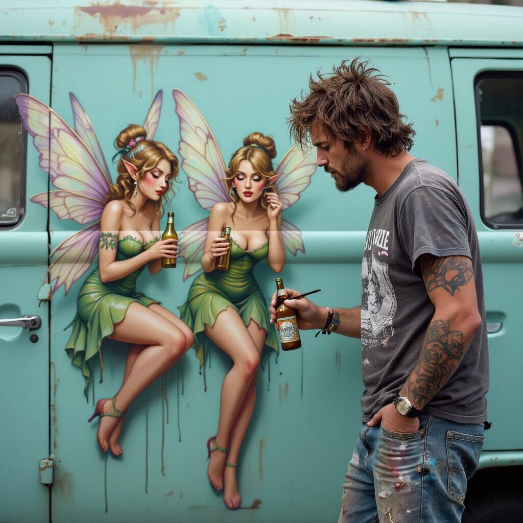 Man Airbrushing Drunken Fairies on Van