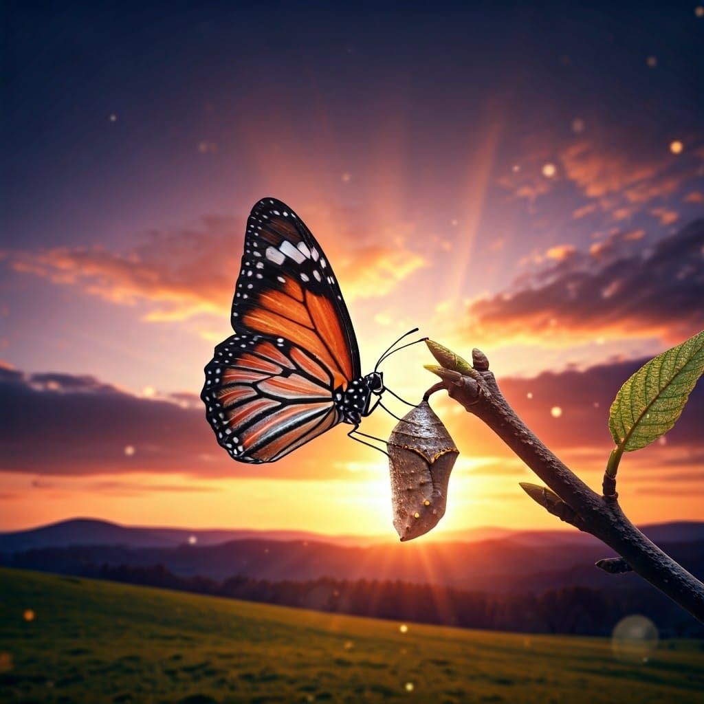 Butterfly Emerges in Vibrant Sunset Scene