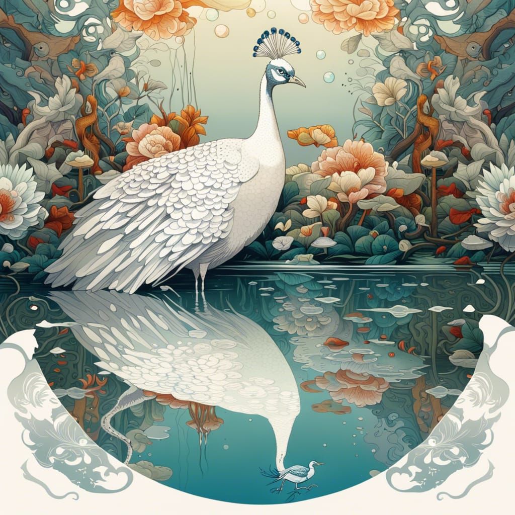 Hyperrealistic White Peacock in Elegant Reflection