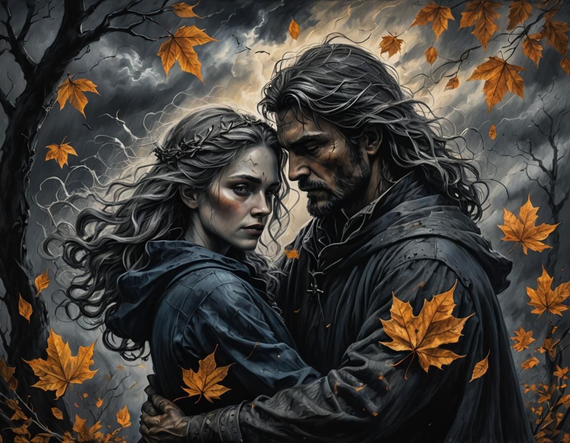 Autumnal Embrace: A Moody Charcoal Sketch