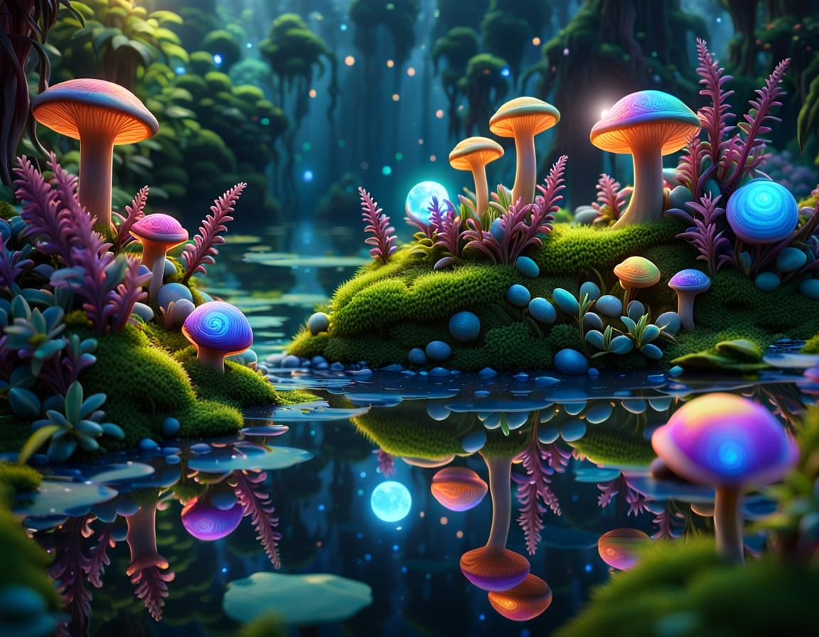 Surreal Ecosystem of Glowing Snails in Vibrant Lush Vegetati...