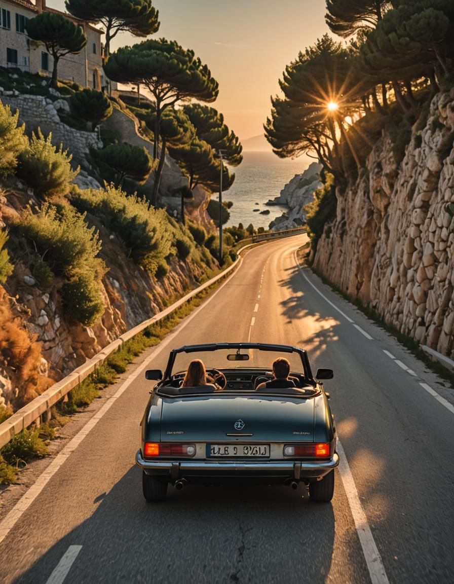 Elegant Convertible Drives into Sunset Along Scenic Adriatic...