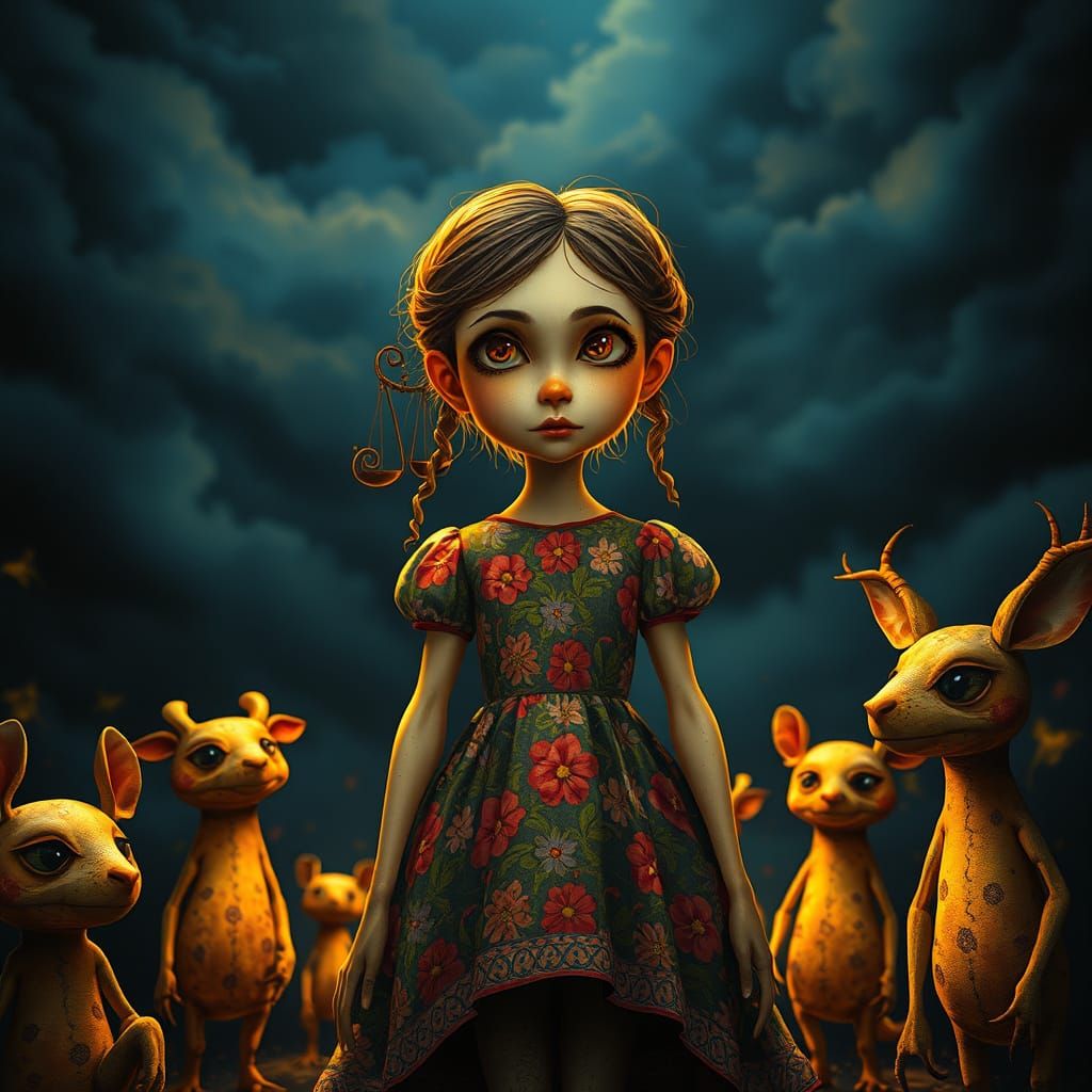 Whimsical Folk Art Scene with Anthropomorphic Characters