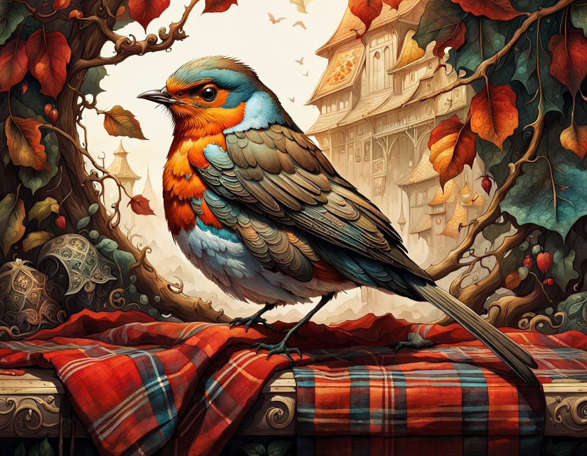 Fantasy Robin Illustration in Elaborate Plaid Borderland Sty...