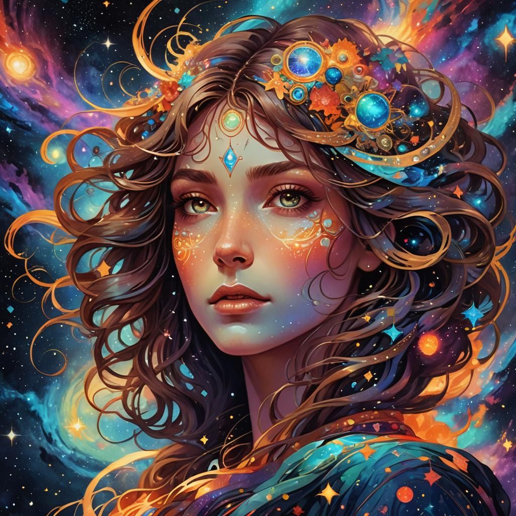 Glowing Celestial Head in Vibrant Galaxy Centers