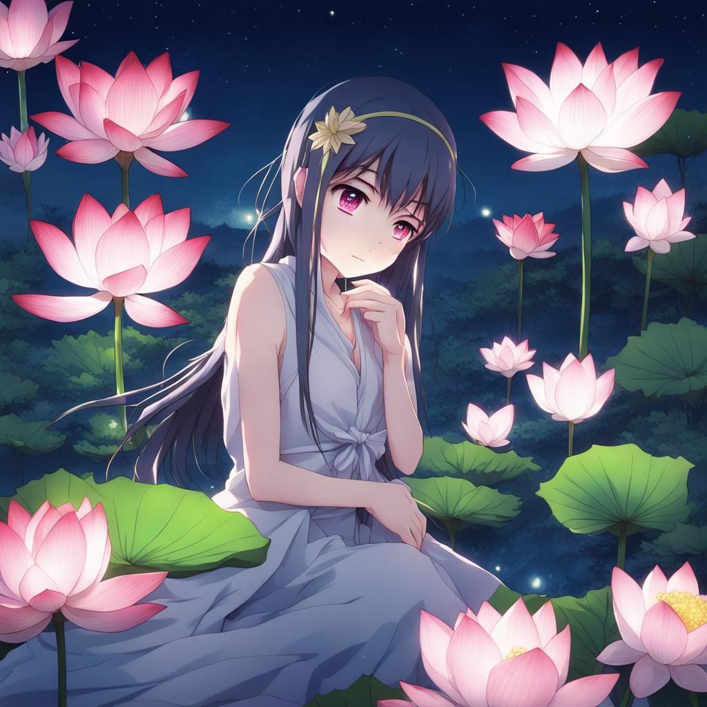 Mystical Fairy Amidst Blooming Lotus Flowers in Vibrant Nigh...