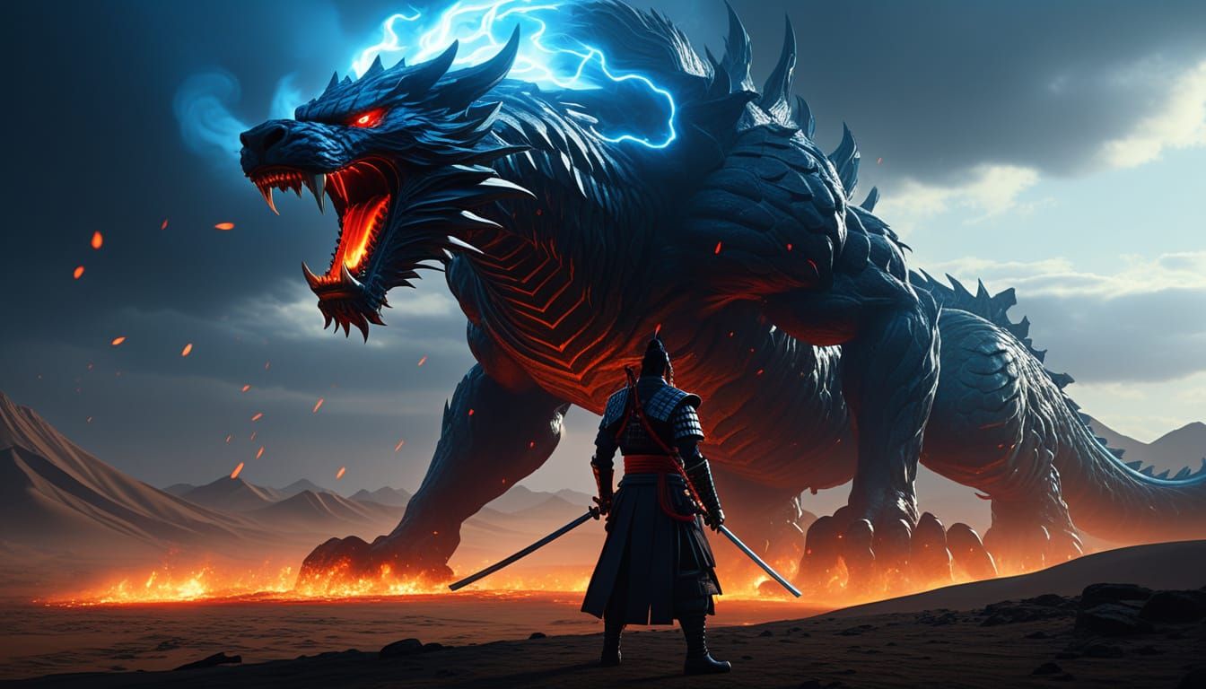 Samurai Warrior Battles Smoke Beast in Desert