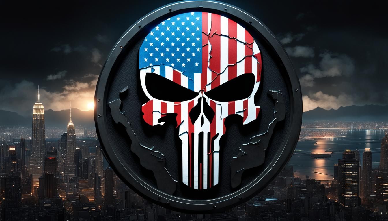 Epic Punisher Emblem on US Flag with Cityscape - Cinematic M...