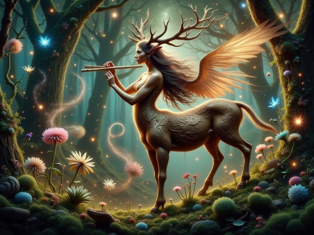 Ethereal Centaurian Flute Player in Fantasy Forest