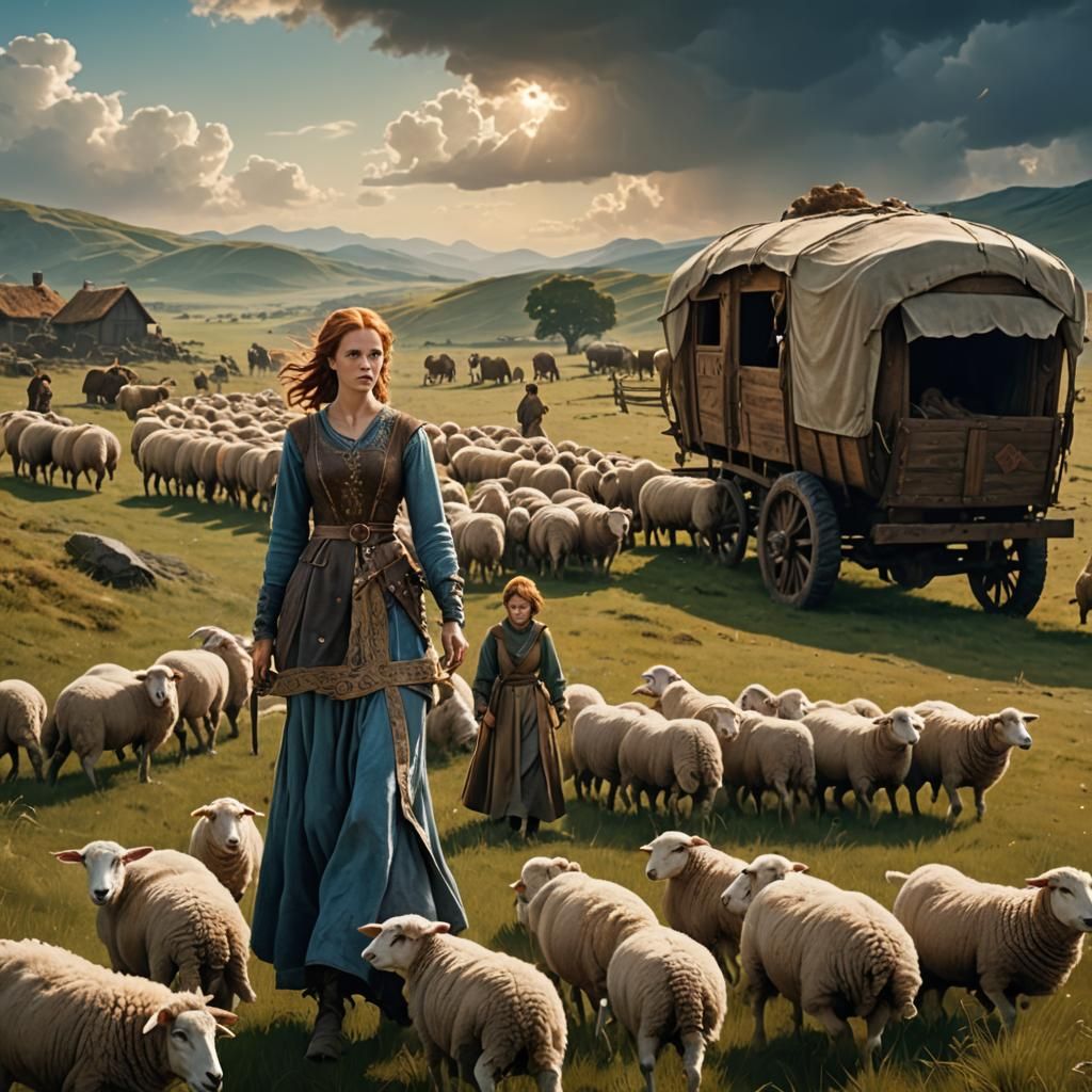 Medieval Female Farmer Leads Caravan Through Serene Landscap...