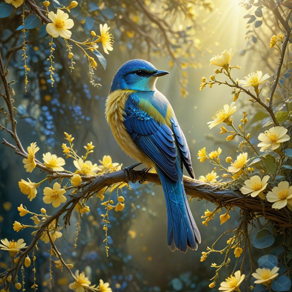 Iridescent Blue Bird on Branch with Yellow Flowers