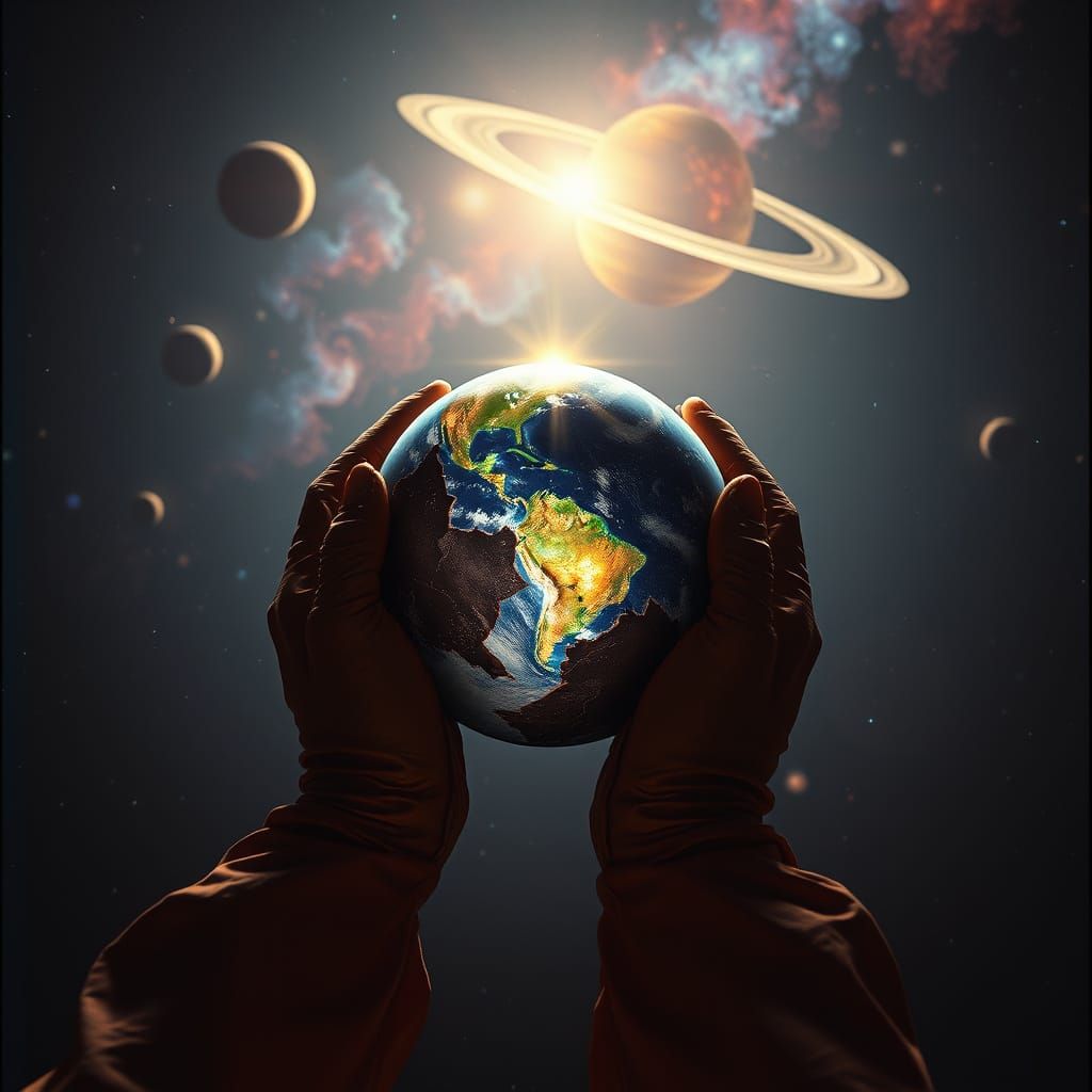 Hands Cradle Fractured Earth in Cosmic Sky