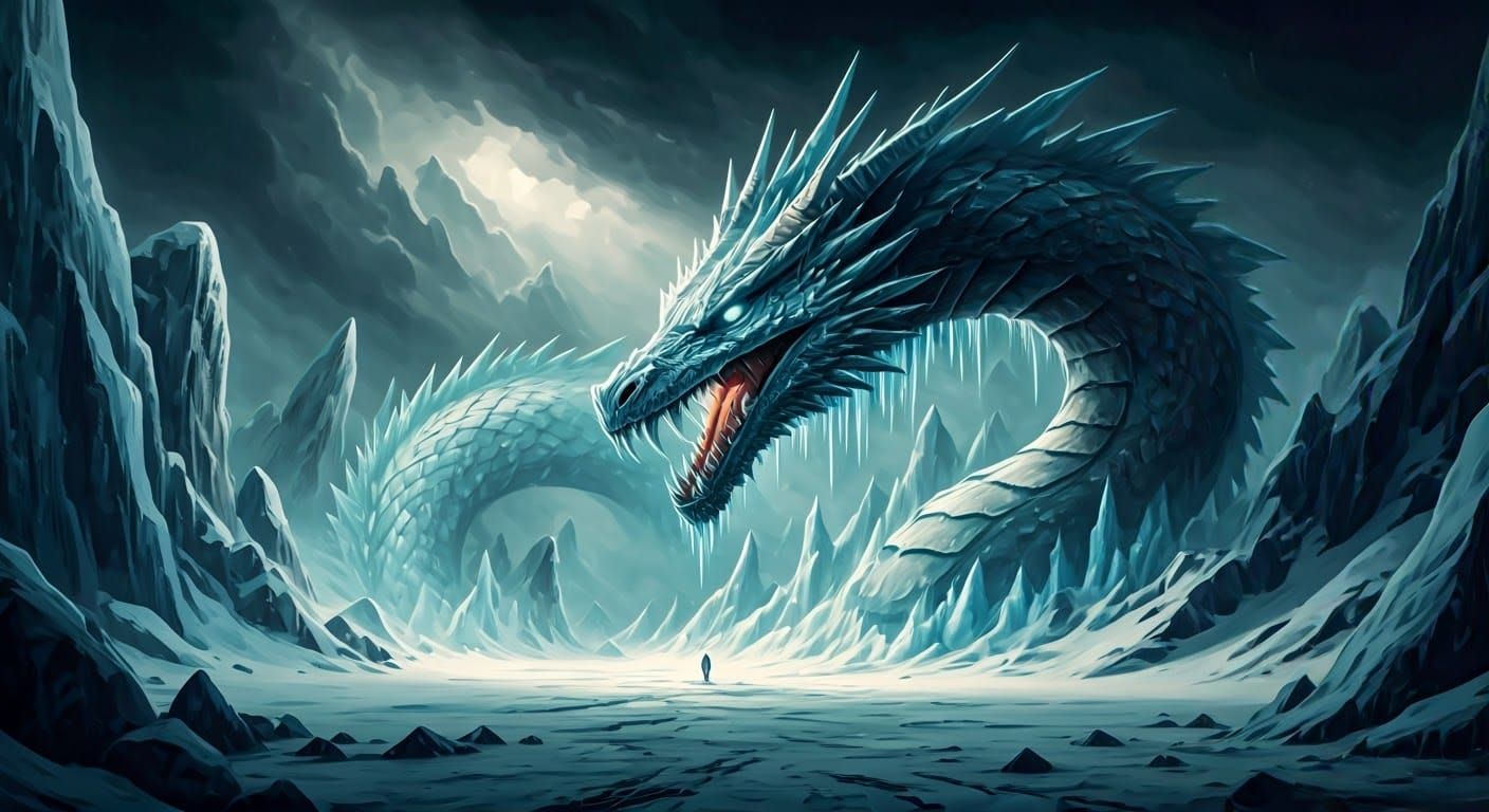 Fantasy Ice Serpent in Frozen Tundra: Watercolour Art