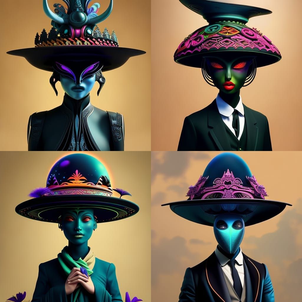 Surrealist Alien Donning an Elegant, Ornate Black Hat