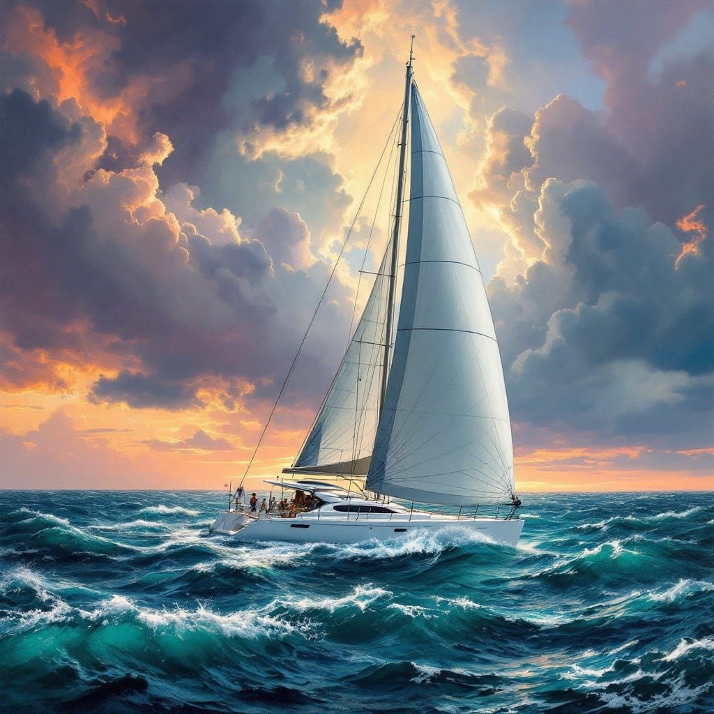 Stormy Sunset Catamaran Voyage in Vibrant Colors