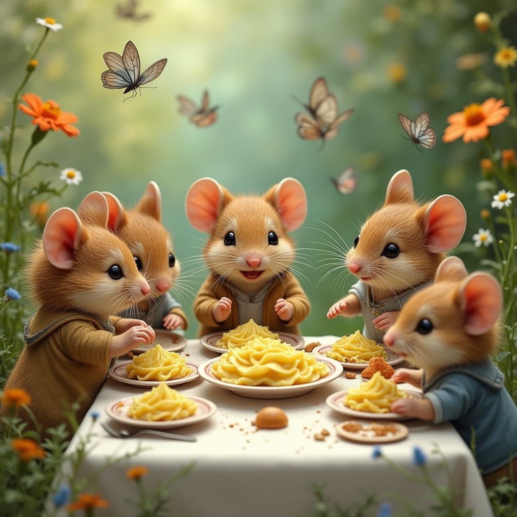 Whimsical Field Mouse Family Dines on Mashed Potatoes in Vib...
