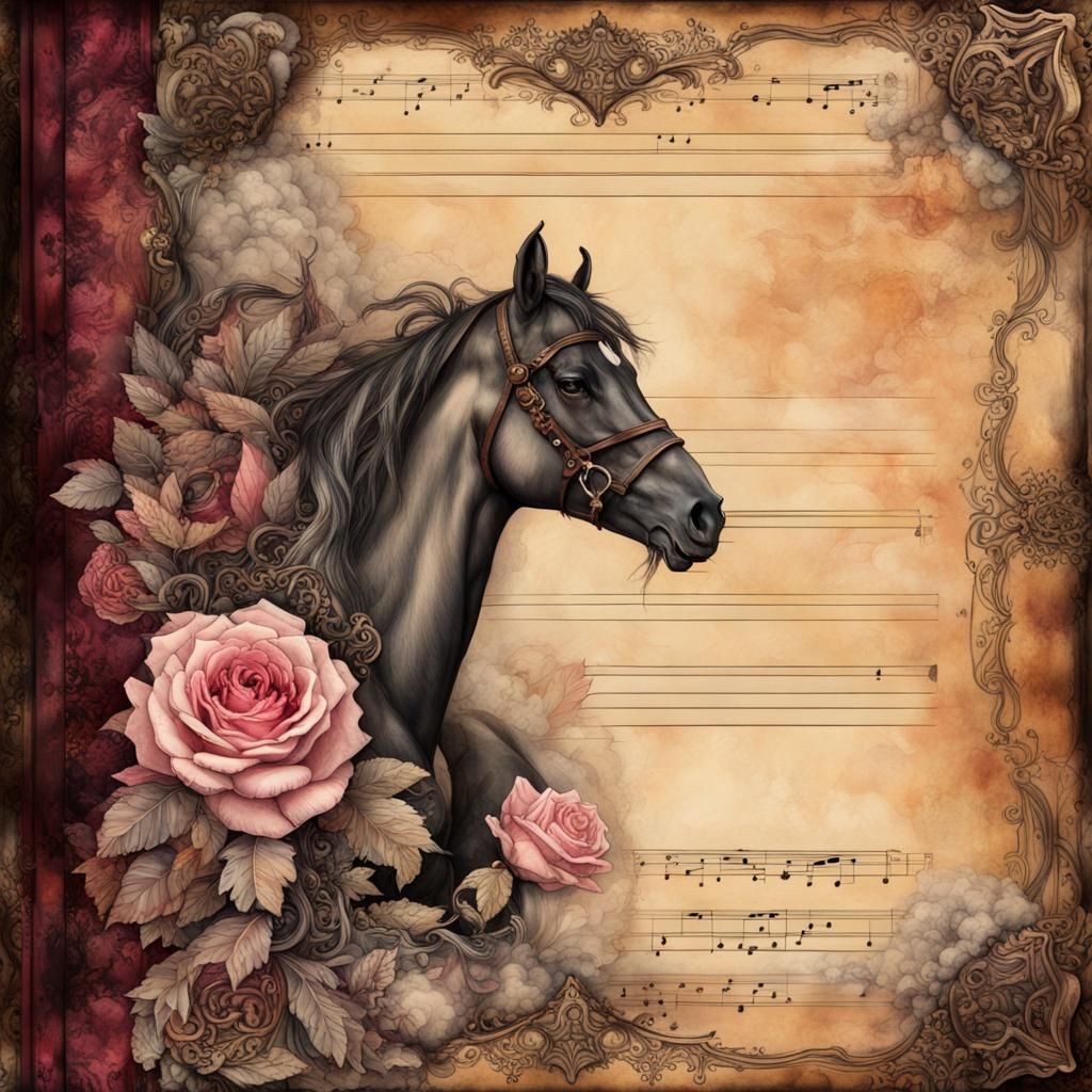 Ethereal Steampunk Notebook Scene with Cosmic Horses