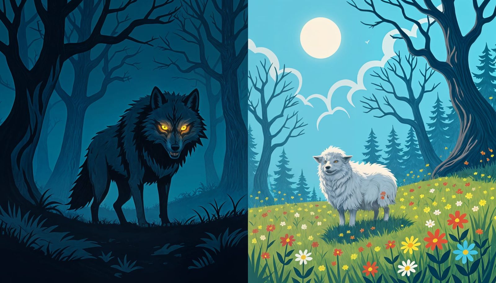 Contrasting Wolf and Sheep in Digital Illustration