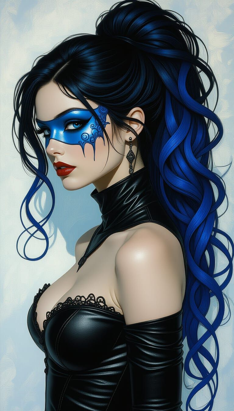 Woman in Black Leather Dress with Whimsical Hair