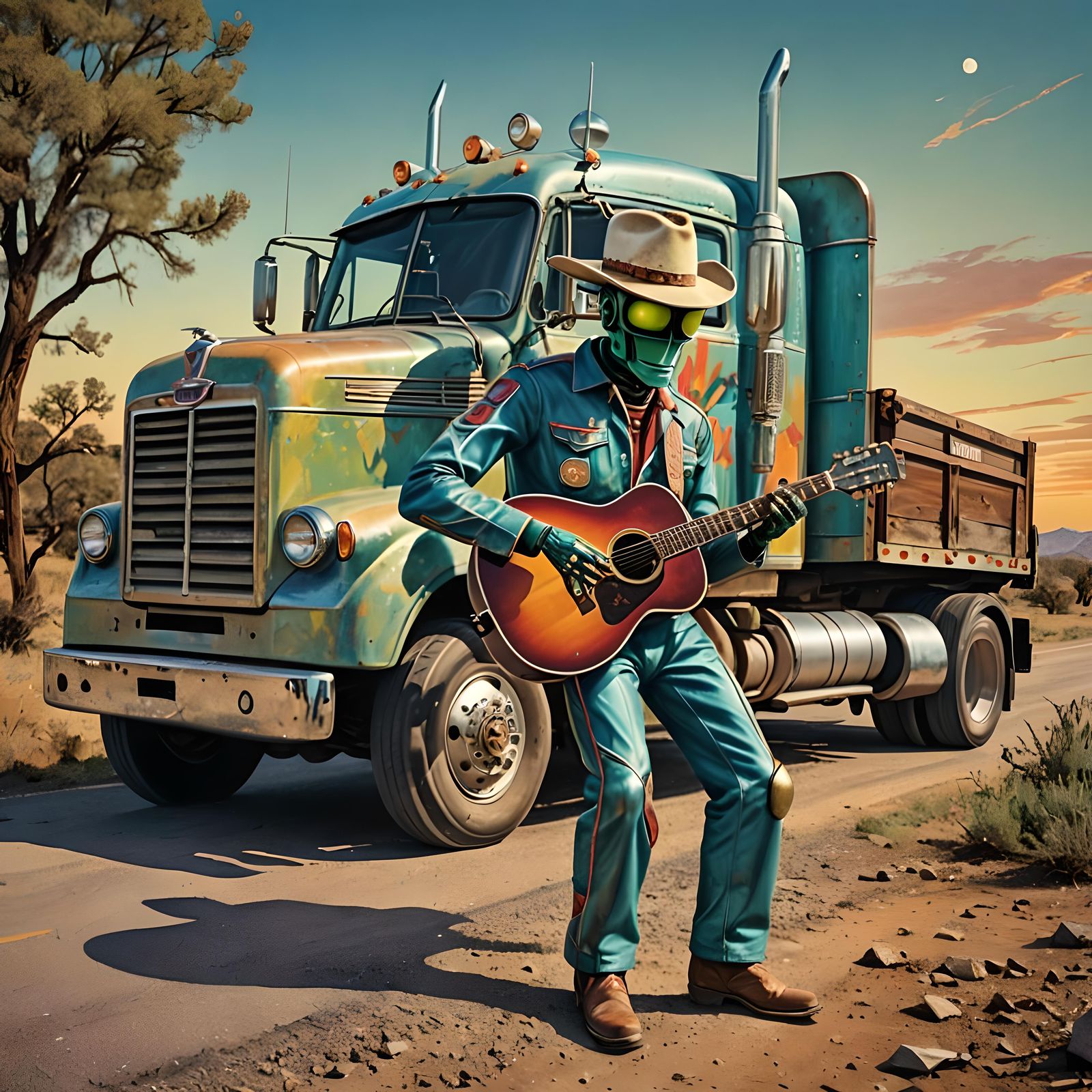 Vintage Sci-Fi Robot Strums Guitar on Sunset Road