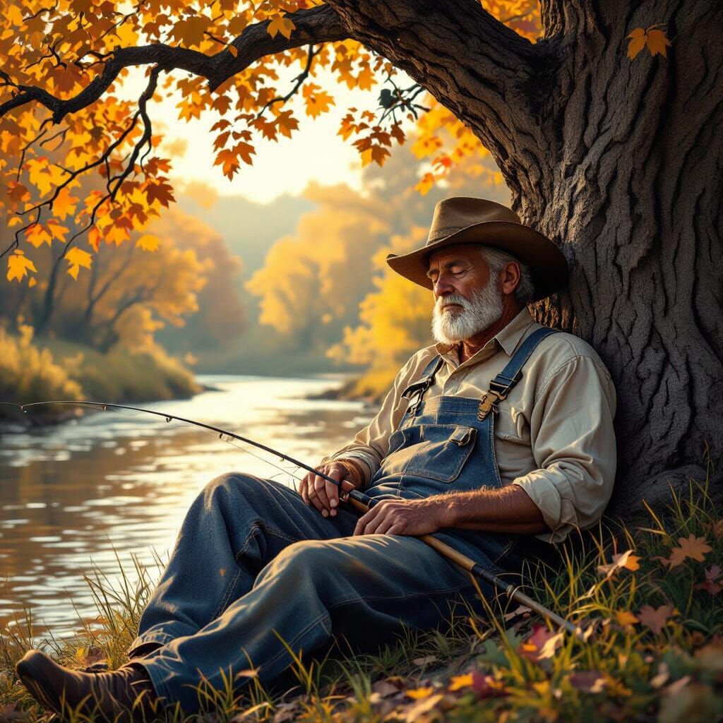 Old Man Napping by River in Golden Autumn Light