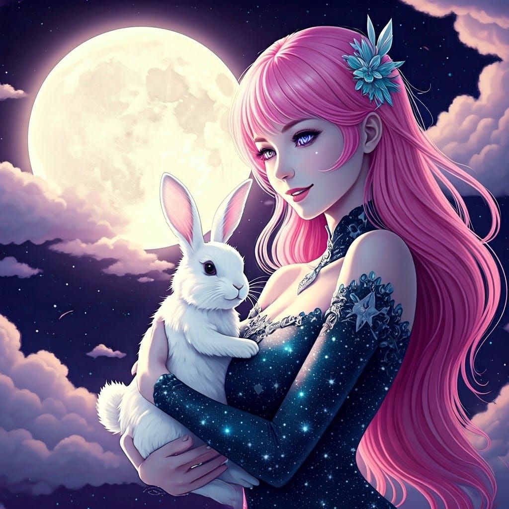 Ethereal Woman Illuminated by Moonlight in Star-Covered Gown