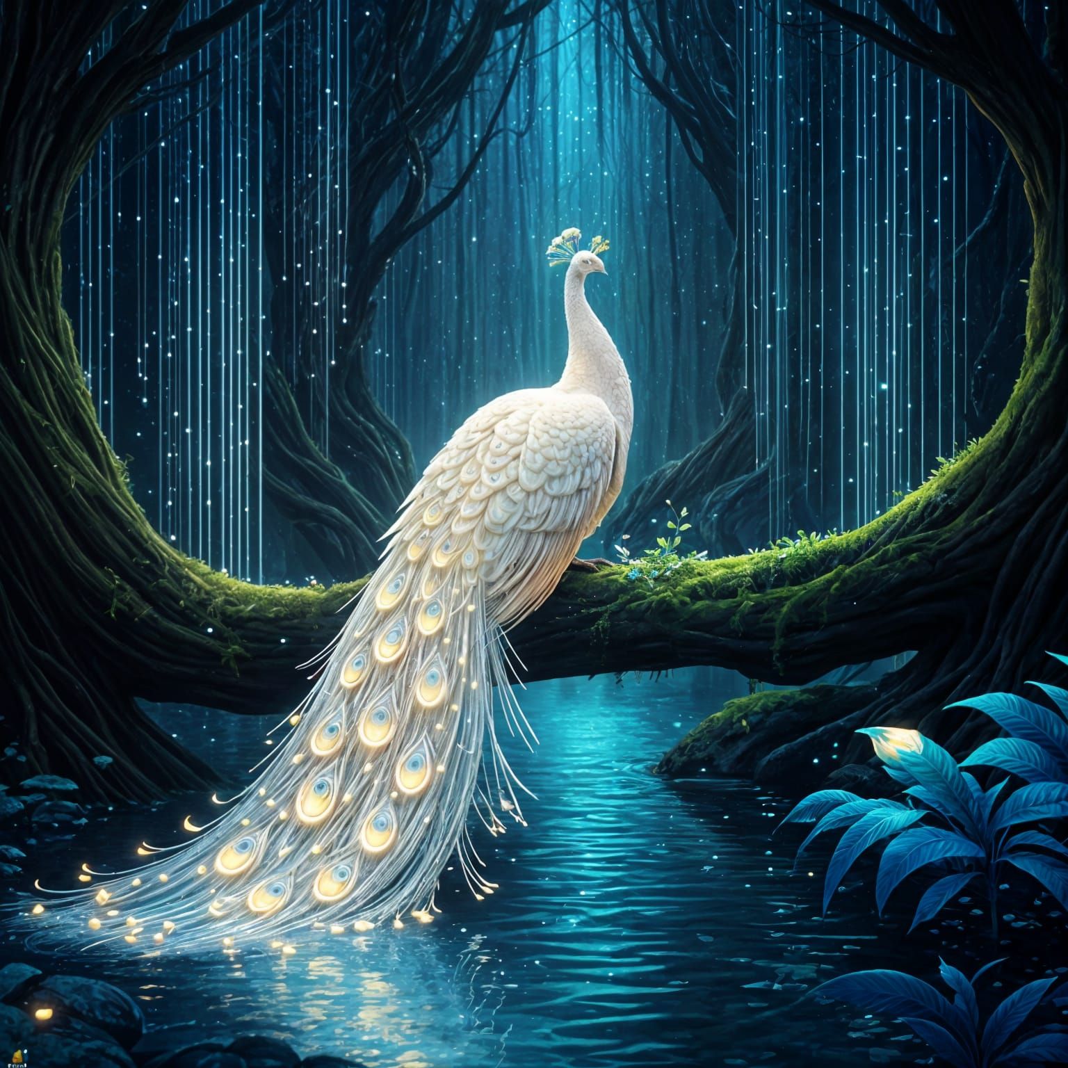 Celestial Peacock in Bioluminescent Forest, Rendered in 3D A...