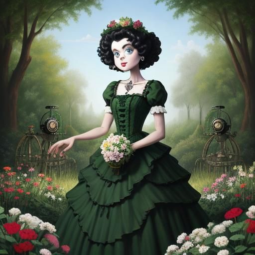 Rocco-Style Steampunk Betty Boop Skeleton in Whimsical Garde...