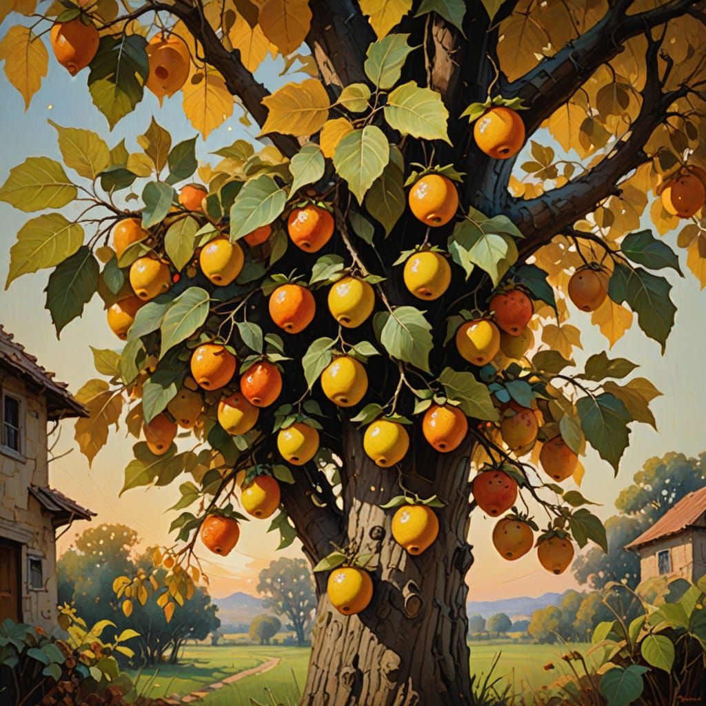 Tree with Whimsical Hats as Fruits in Warm Golden Light