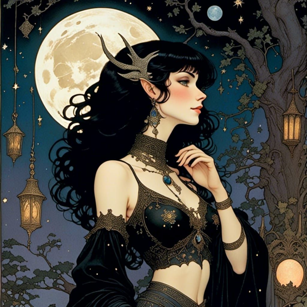 Comic Book Woman in Nebula with Moonrise