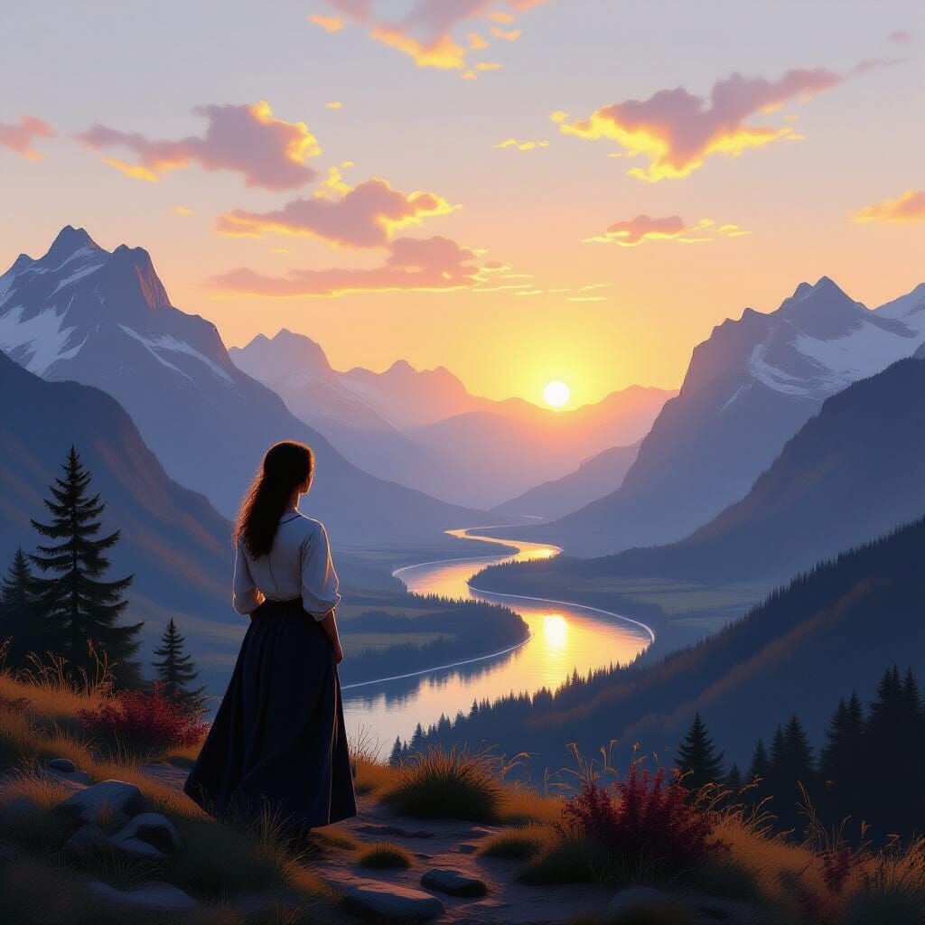 Woman Gazing at Sunrise Mountain Landscape