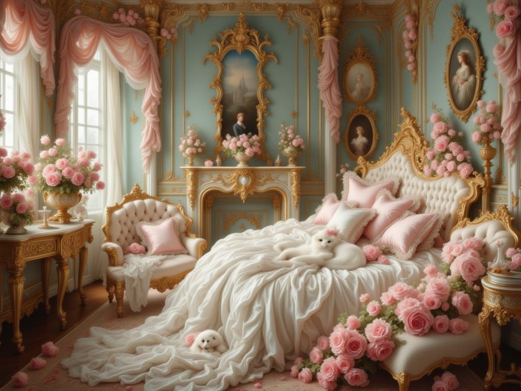 Rococo Boudoir with Cat in Boucher Style