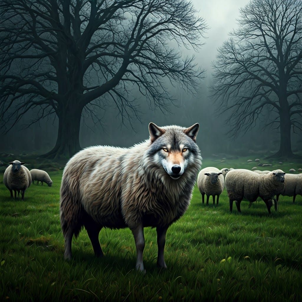 Lone Sheep-Wolf Stands Vigilant in Haunting Fantasy Landscap...