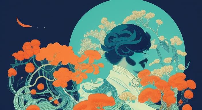 Whimsical Mustache Spirit in Vibrant Blue and Orange Digital...