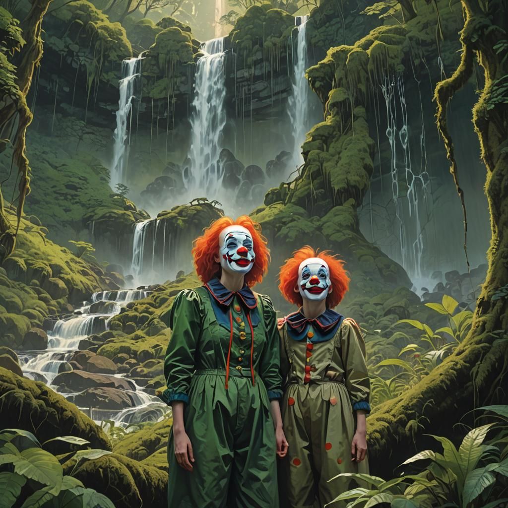 Mother and Daughter Clowns Marvel at Majestic Waterfall