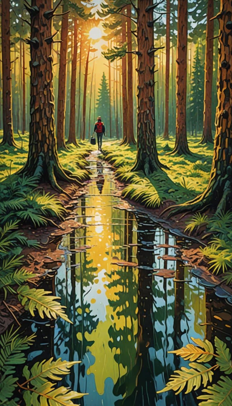 Person Entering Forest as Impasto Gouache Painting