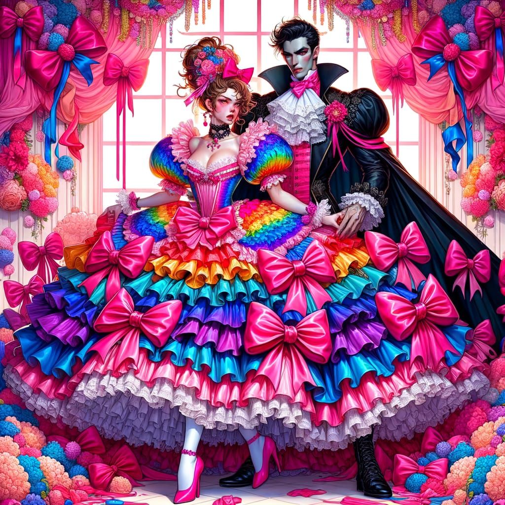 Rainbow Maid and Vampire King in Dreamy Pink Setting