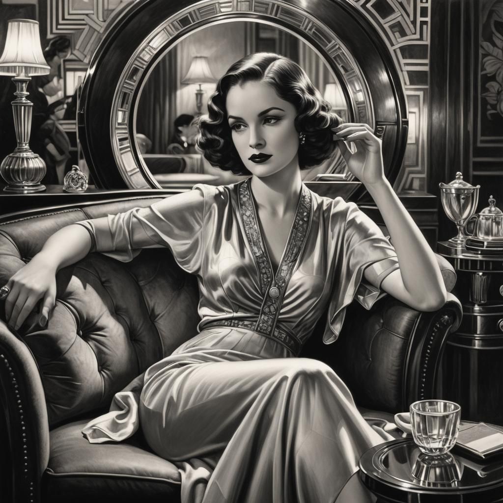 Elegant Woman in Art Deco Chic, Reclining on a Chez Lounge