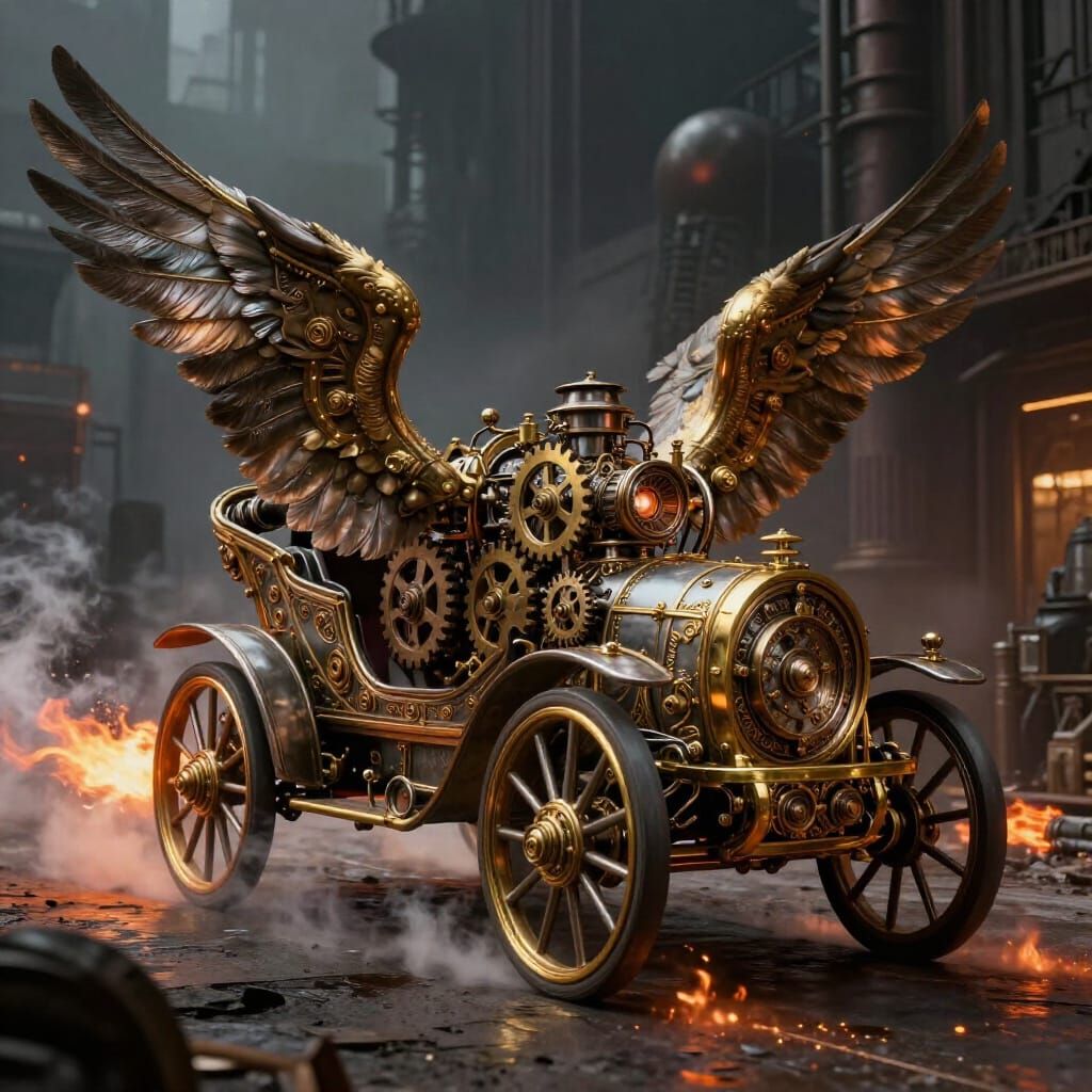 Steampunk Automobile Concept Art with Wings