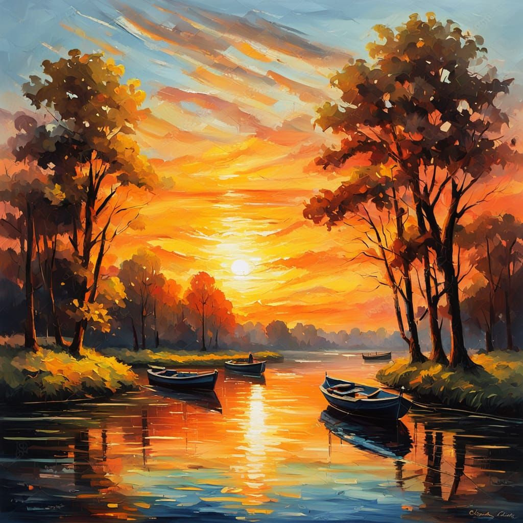 Impressionist Masterpiece of Boats at Sunset