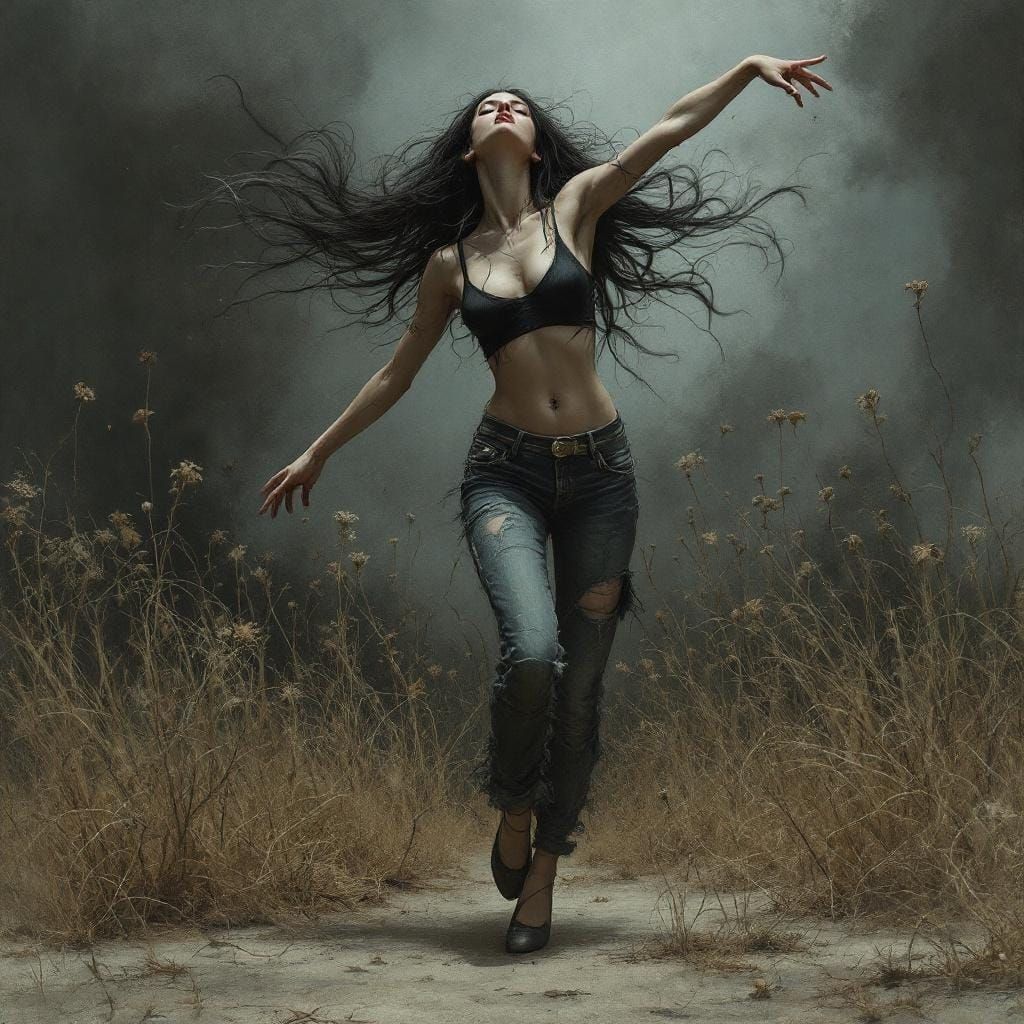 Ballet Dancer in Desolate Landscape, Dark Fantasy Style