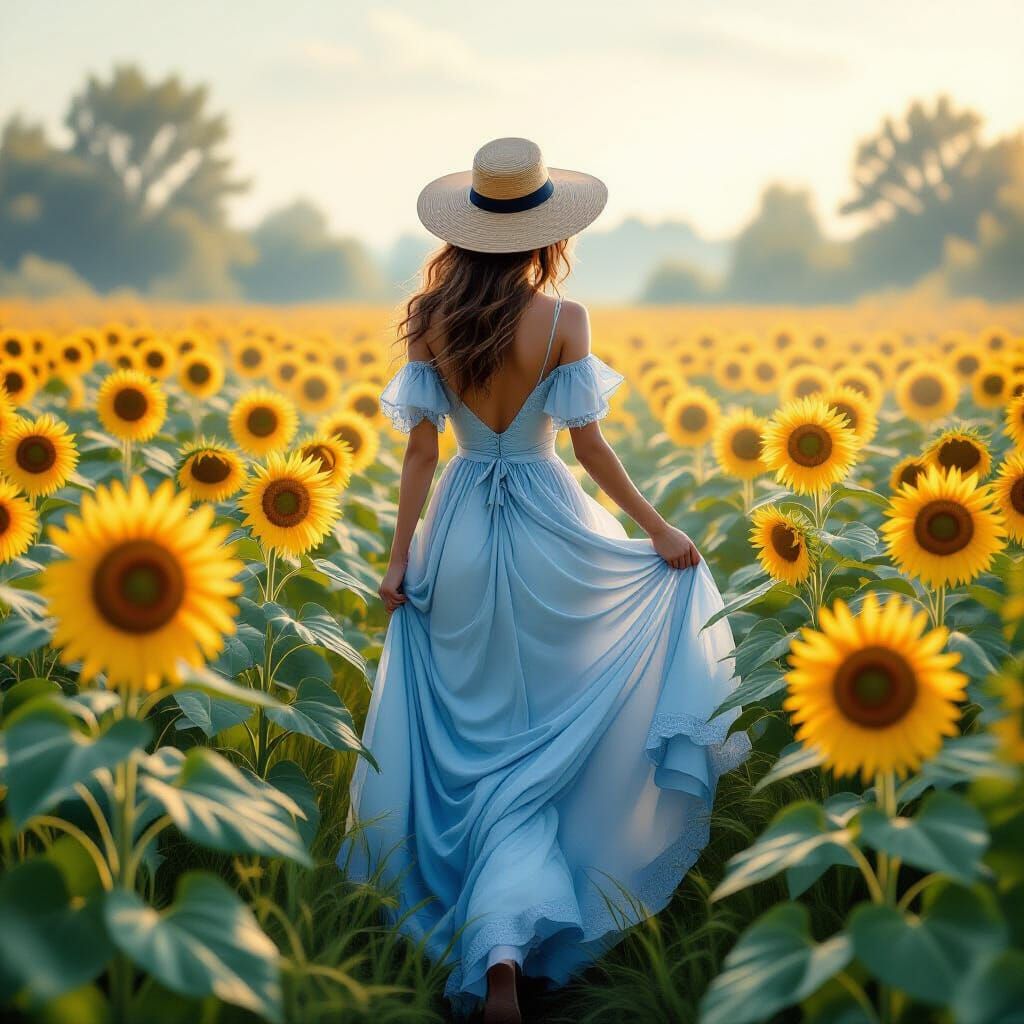 Lady in Blue Among Sunflowers: Fantasy Art