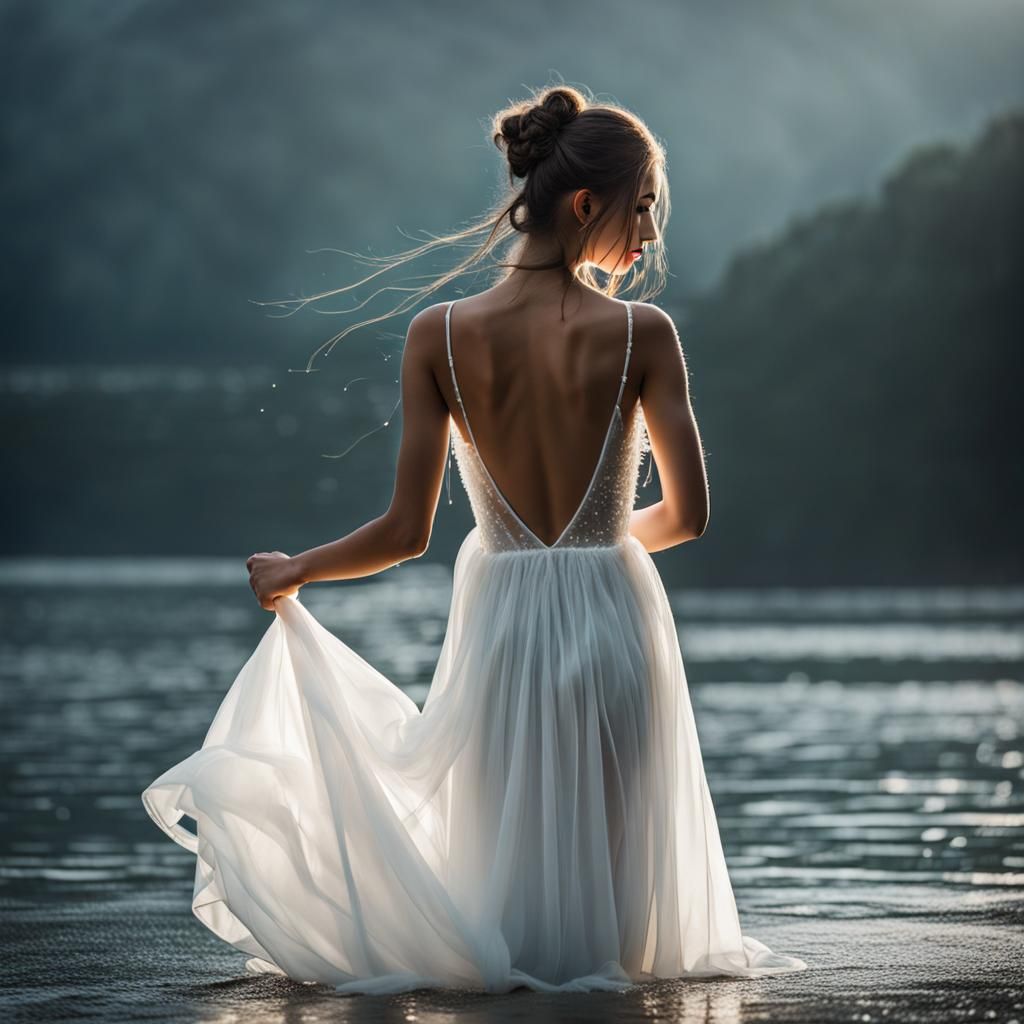 Glowing Wet Gown Girl in Back Pose