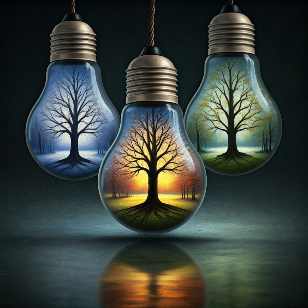 Whimsical Light Bulb Worlds in Vibrant Oil Painting Style