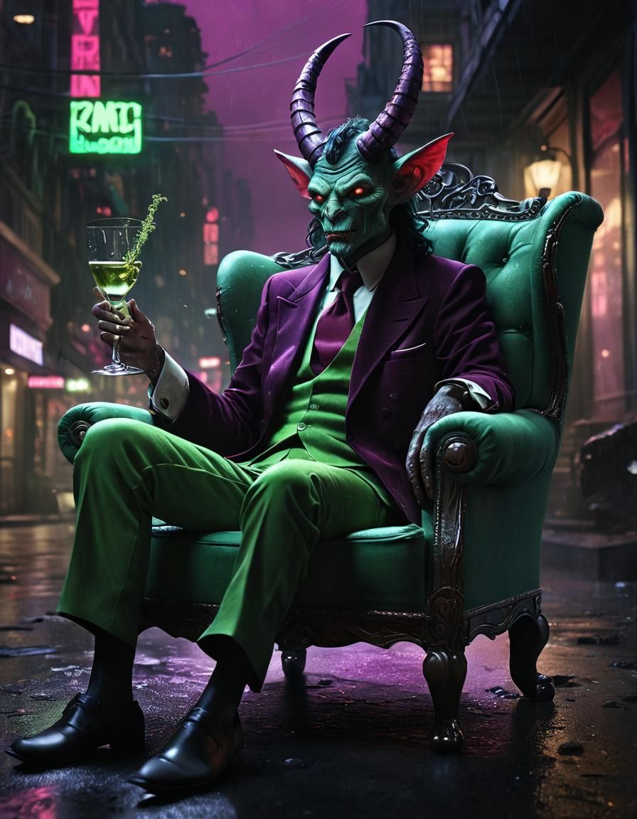 Hollywood famed demon, evil grin champagne sipping. film noir hyperdetailed color corrected green and magenta...