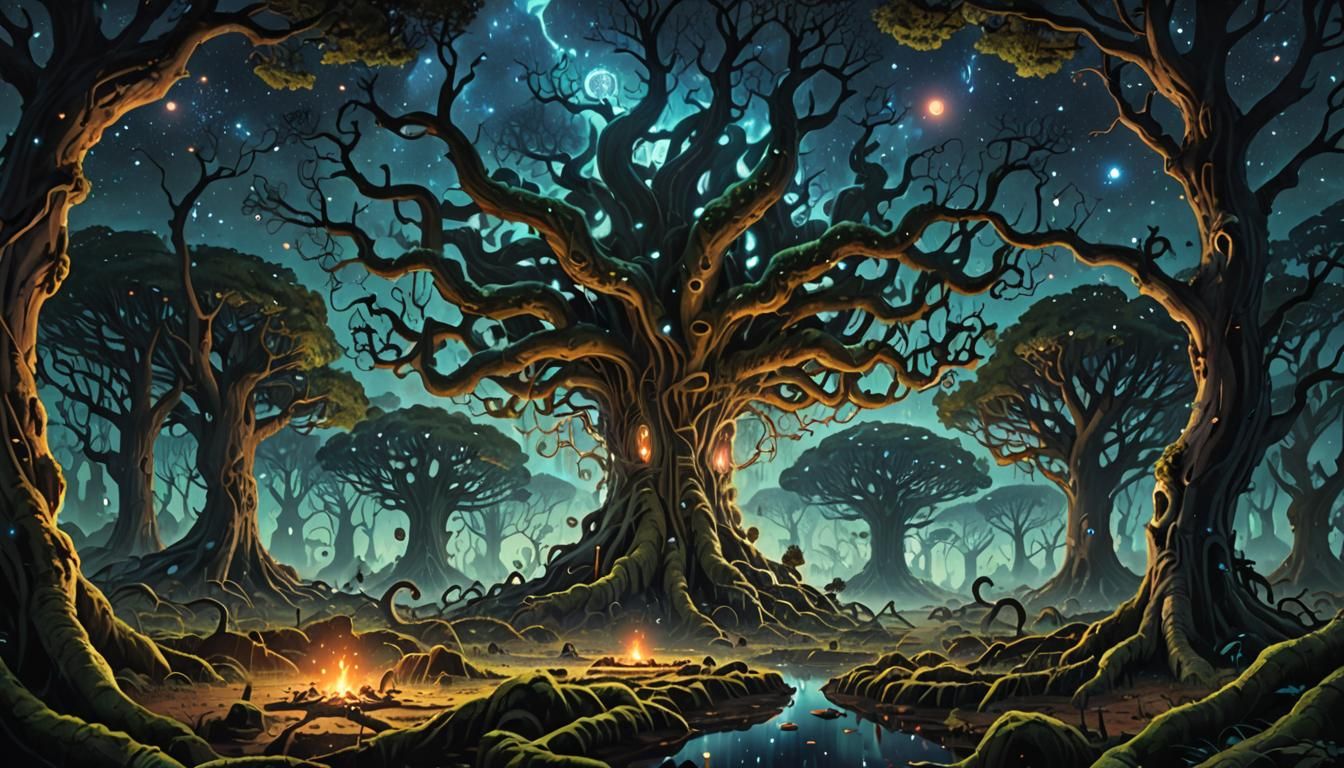 Twisted Forest with Glowing Fungus and Celestial Guidance